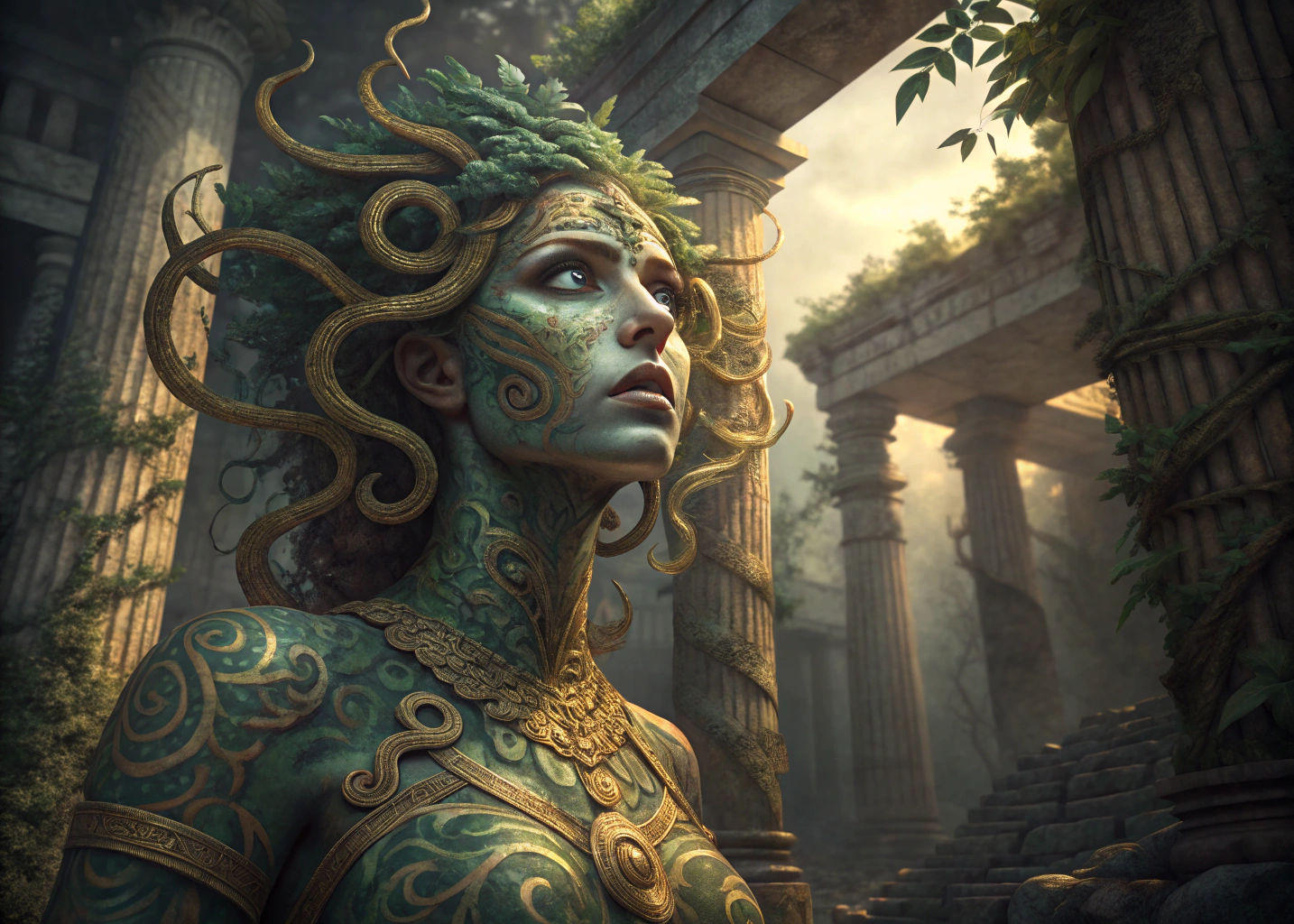 Golden-Tattooed Medusa in Temple Ruins, Detailed Digital Art