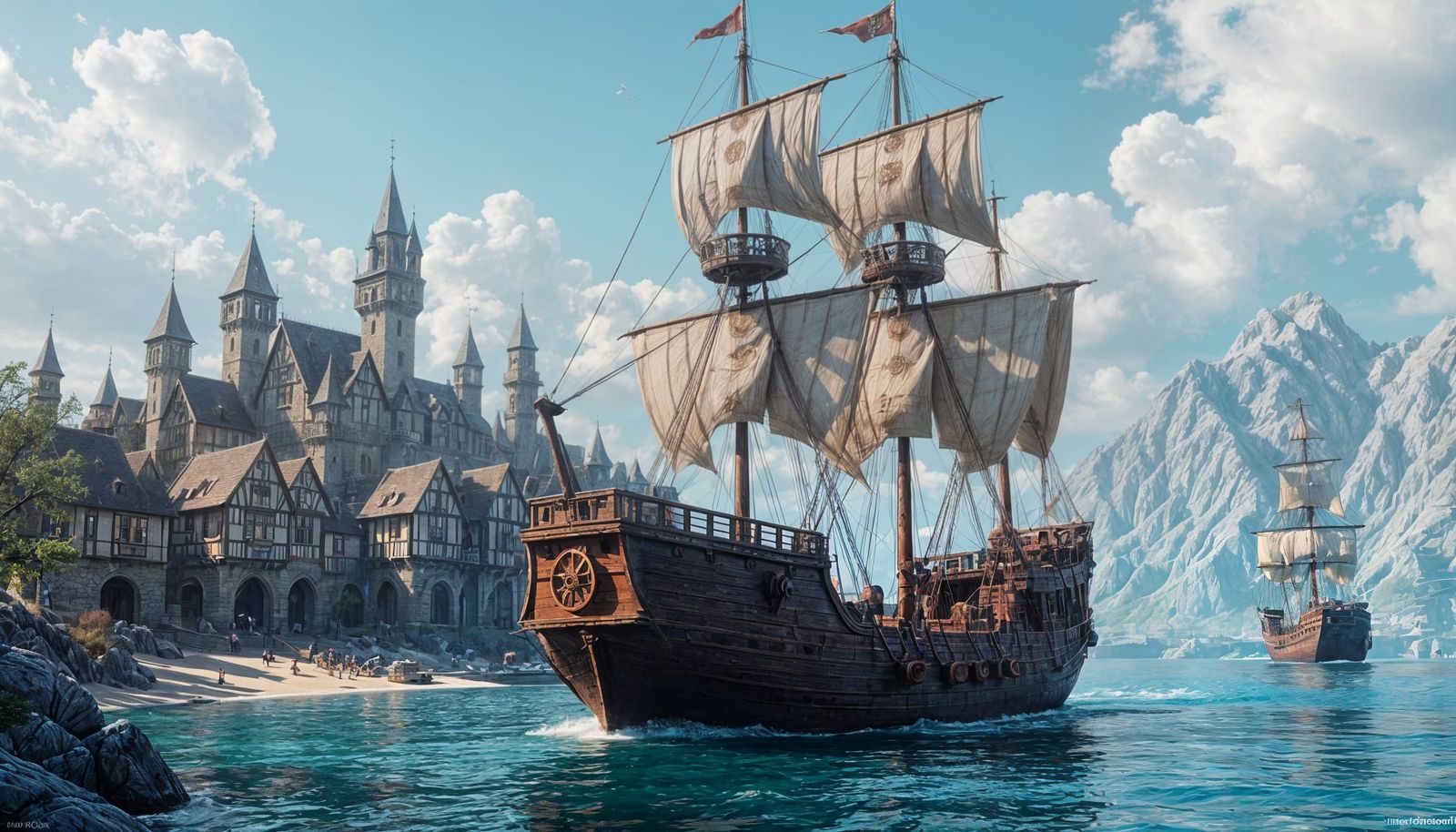 Medieval Ship and Village: Detailed Fantasy Art