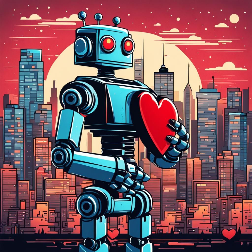 Robot Holding Heart in Cityscape