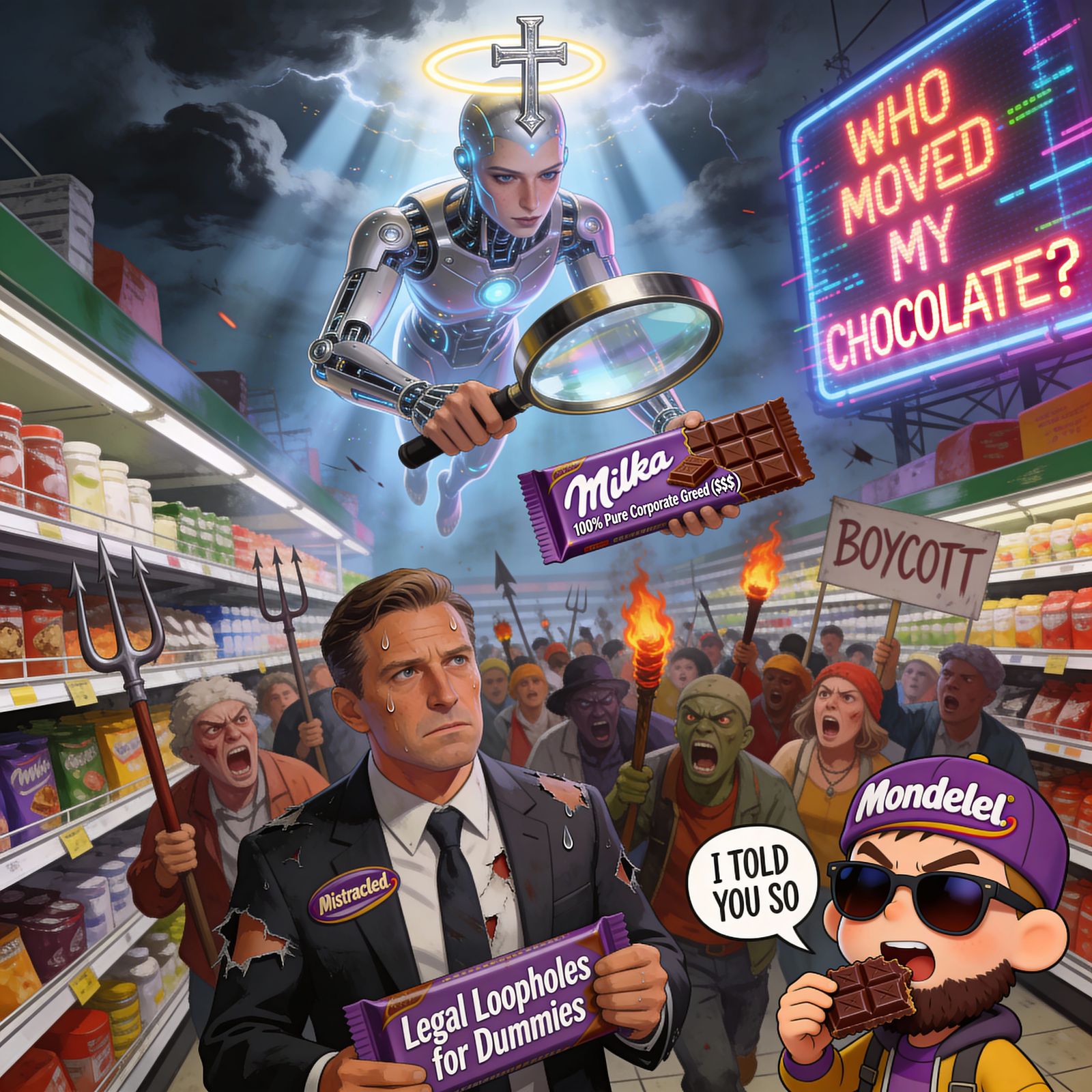 Divine Being Exposes Corporate Greed in Chaotic Supermarket