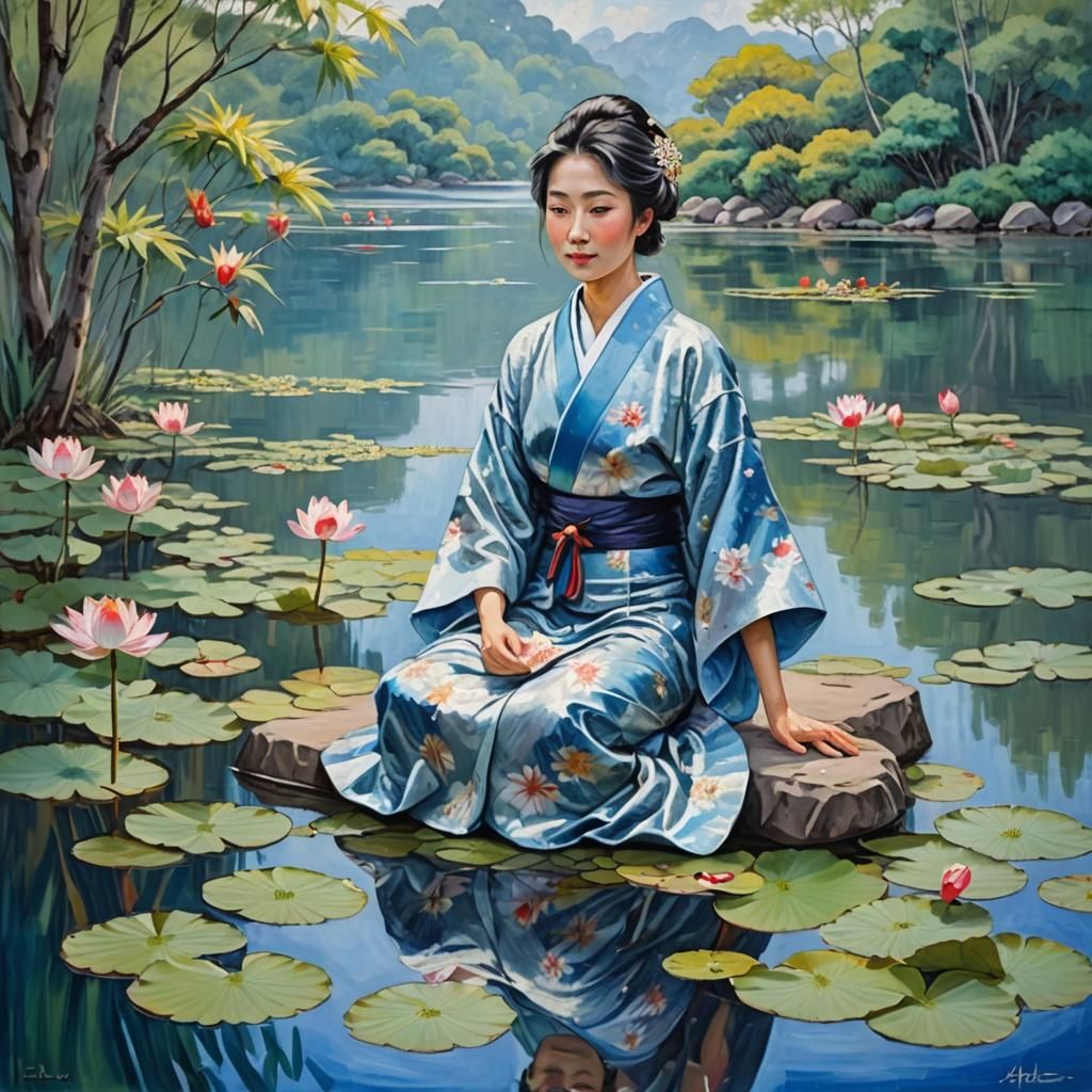 Japanese Lady in Kimono Beside Lotus Lake