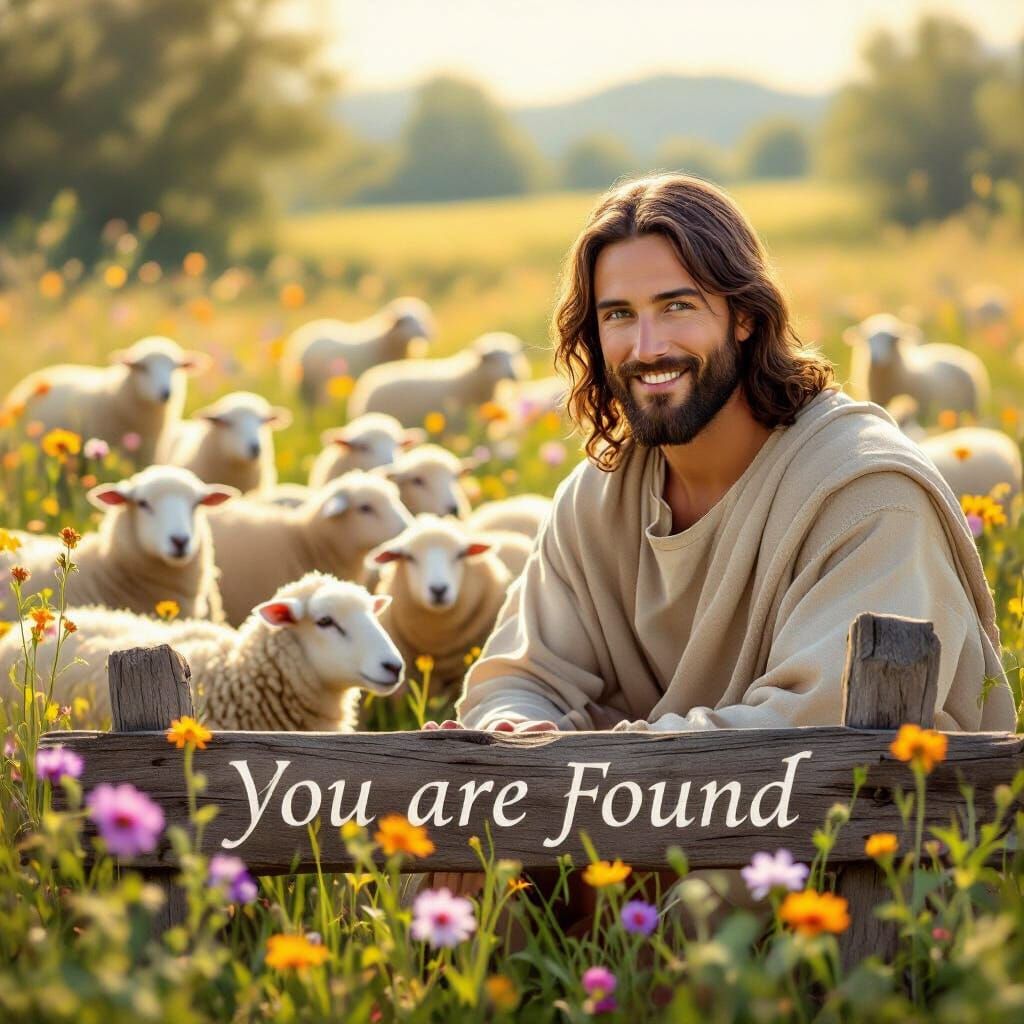 Jesus Christ Shepherd Smiling With Sheep in Flower Field