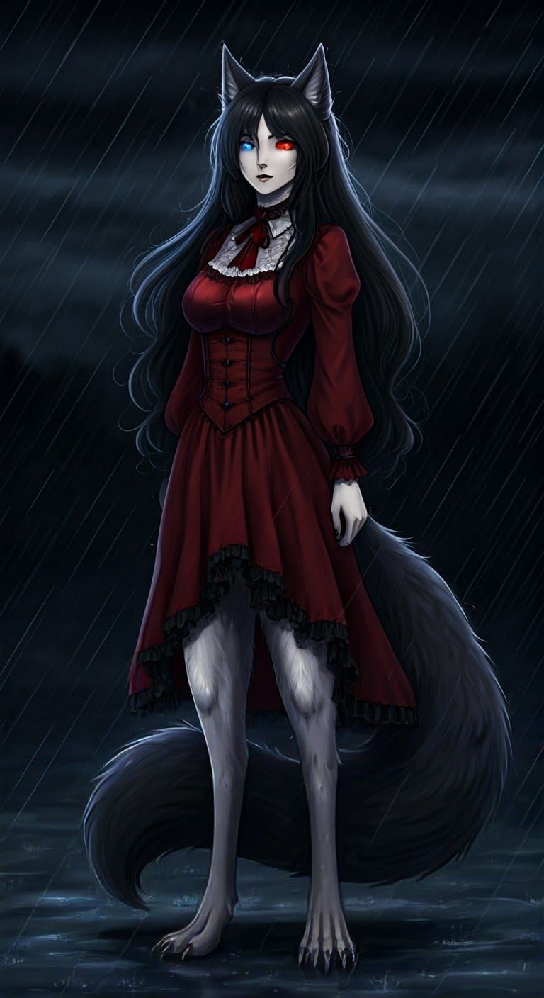 Aasimar Wolf Woman in Rainstorm, Dramatic Lighting