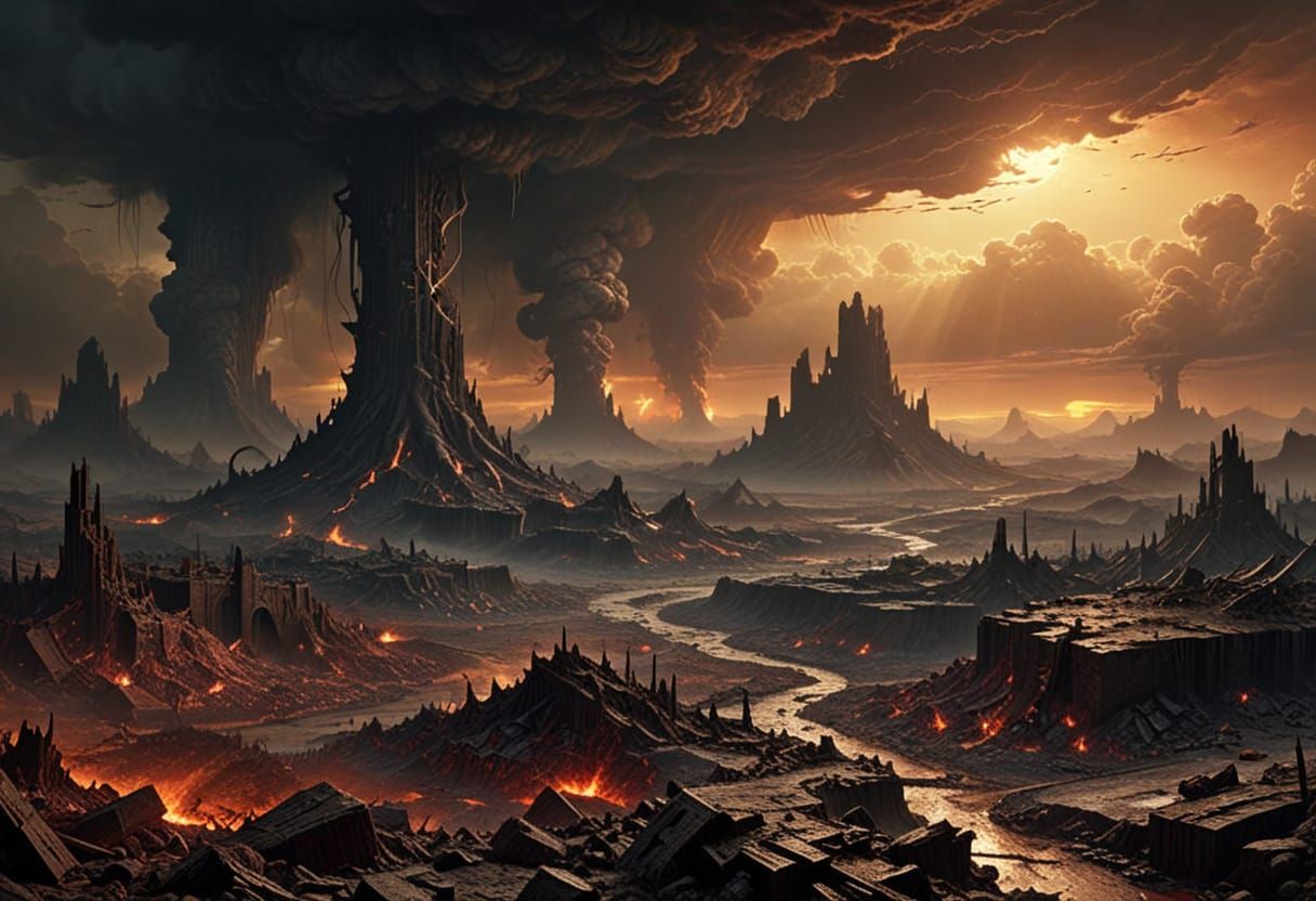 hellish dystopian landscape of eternal doom and sadness