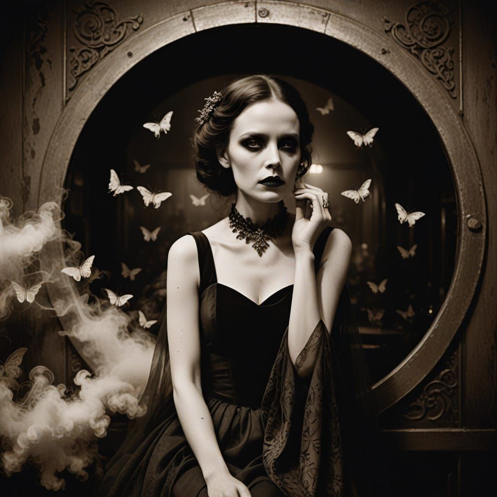 Ethereal Gothic Fashion in a Fog-Shrouded Coffee Shop