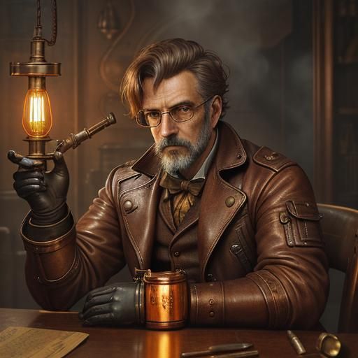 Steampunk Man Smoking Pipe on Copper Engine