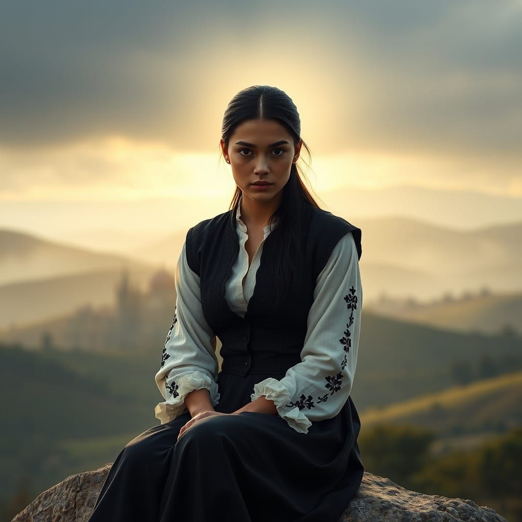 Intense Woman in Musketeer Outfit in Tuscany Landscape