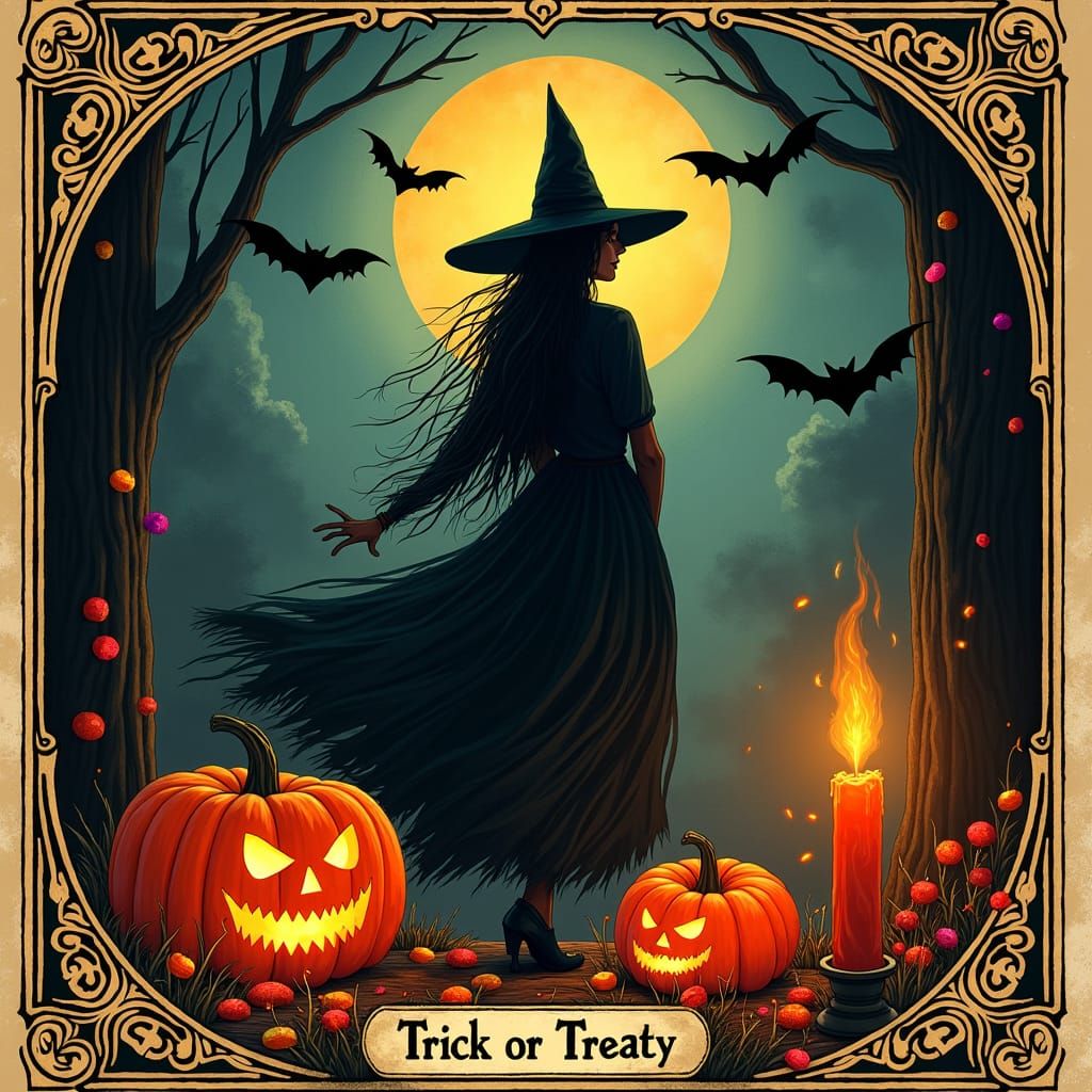 Mystical Halloween Tarot Card with Witch and Pumpkins
