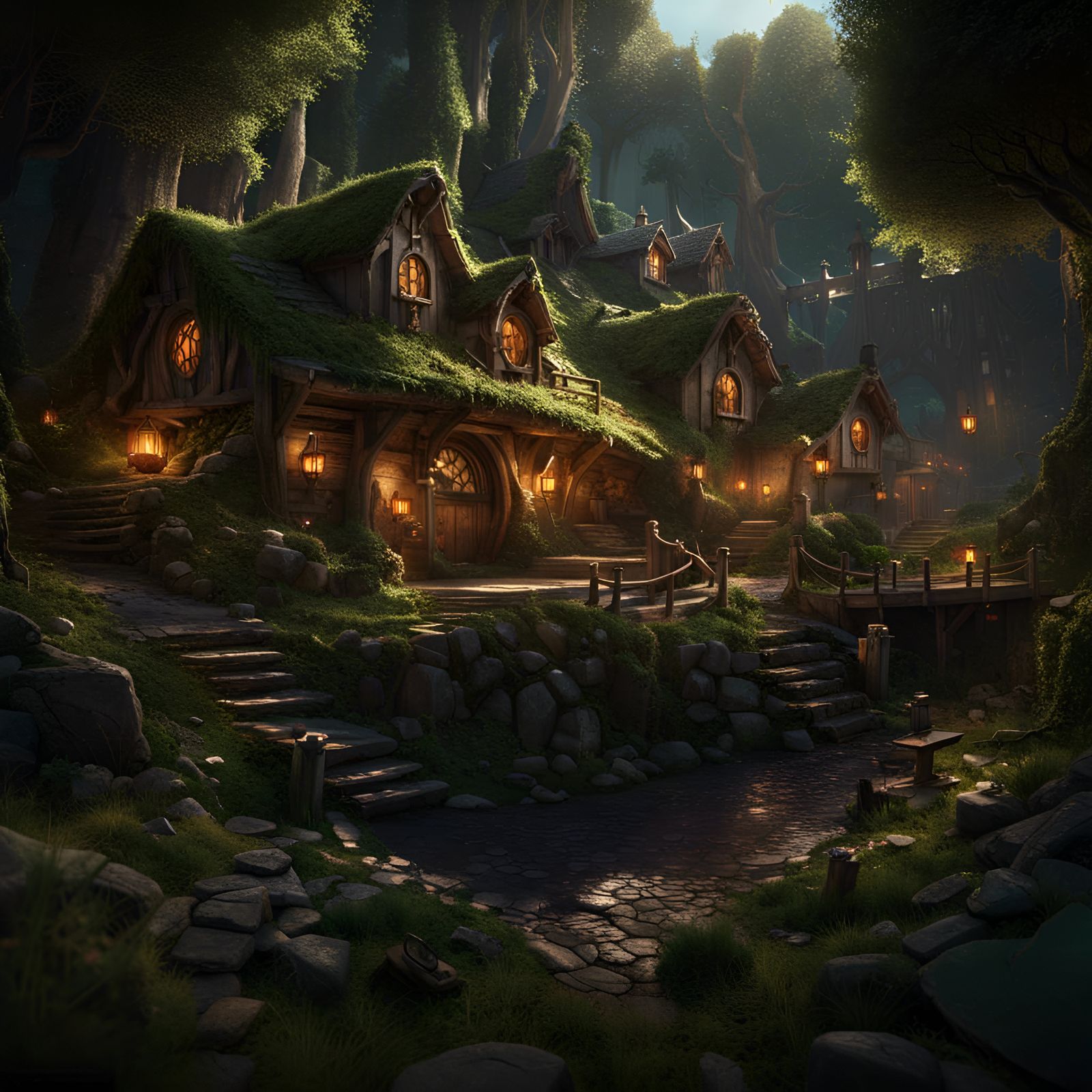 Dark Fantasy Hobbit Village in Detailed 8k