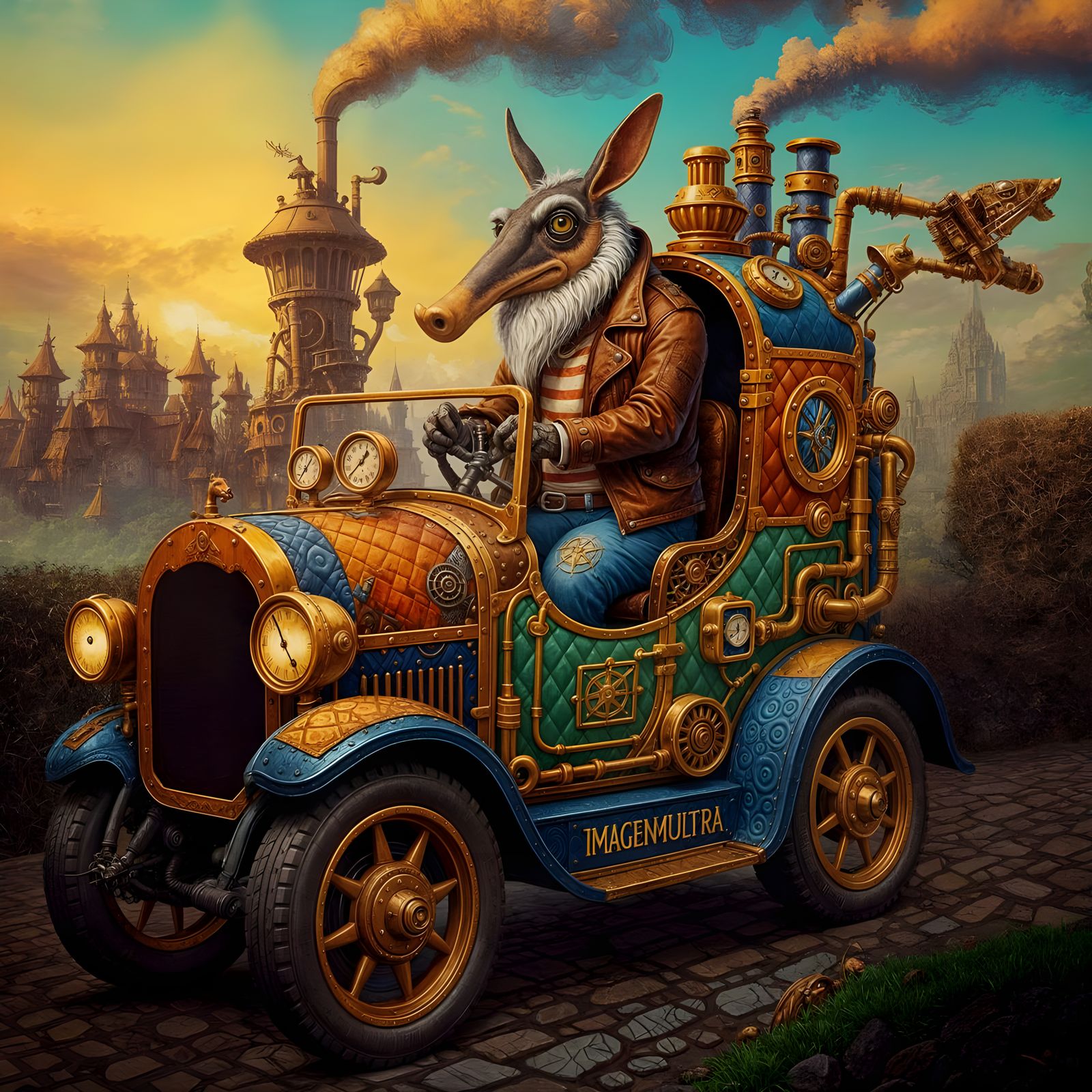 Whimsical Aardvark Drives Steampunk Vehicle in Patchwork Sty...
