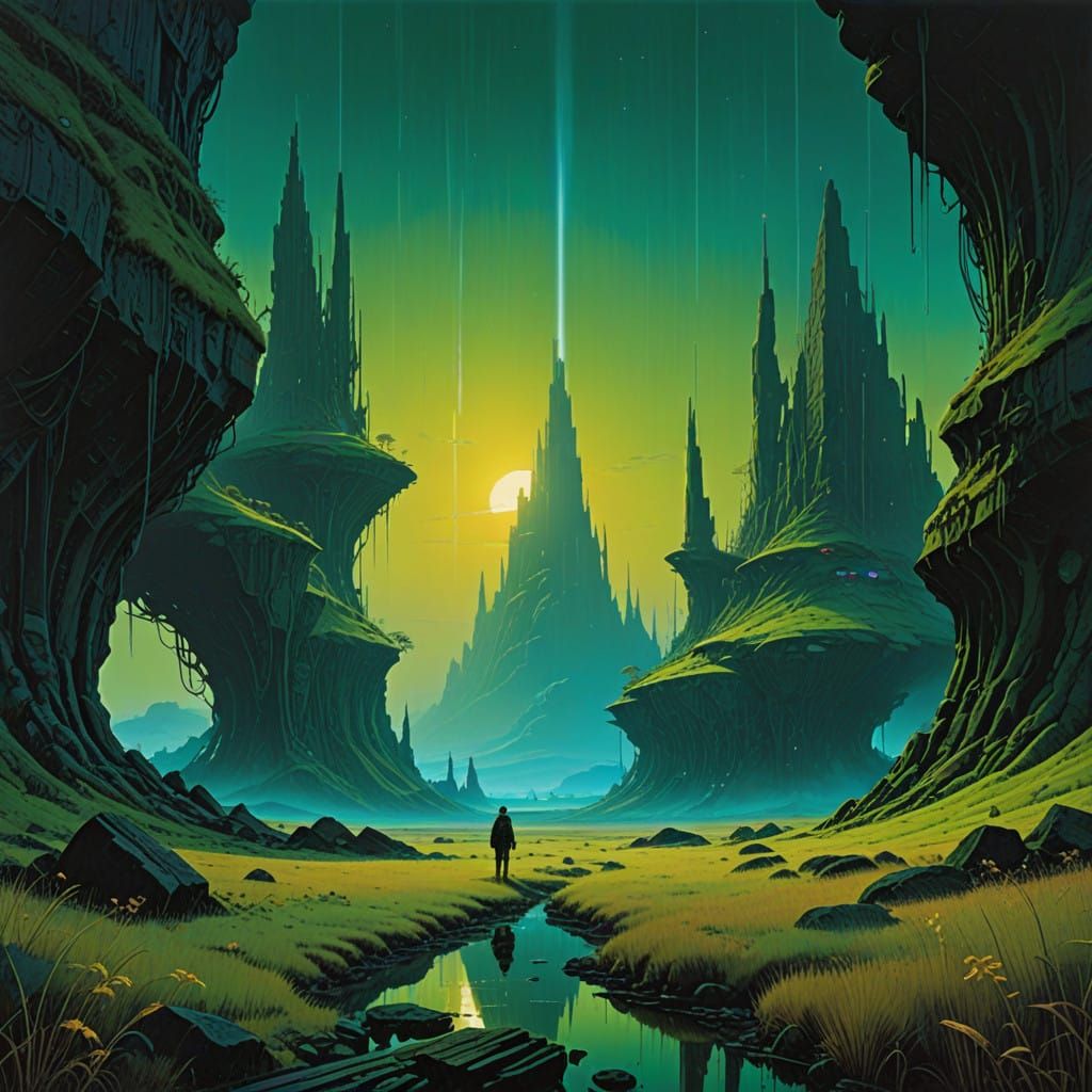 Vibrant, Cosmic Alien Landscape with Iridescent Flora and Et...