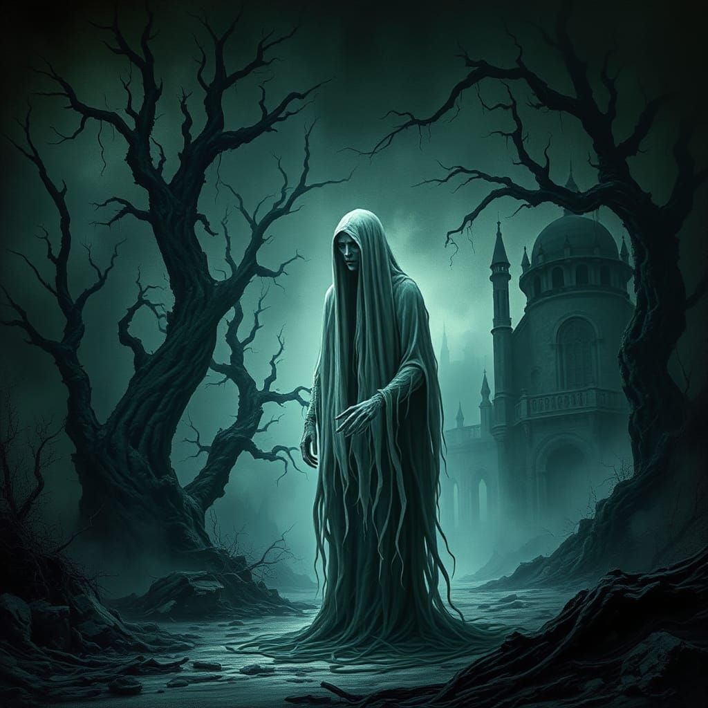 Ethereal Figure in Dreamlike Horror Landscape