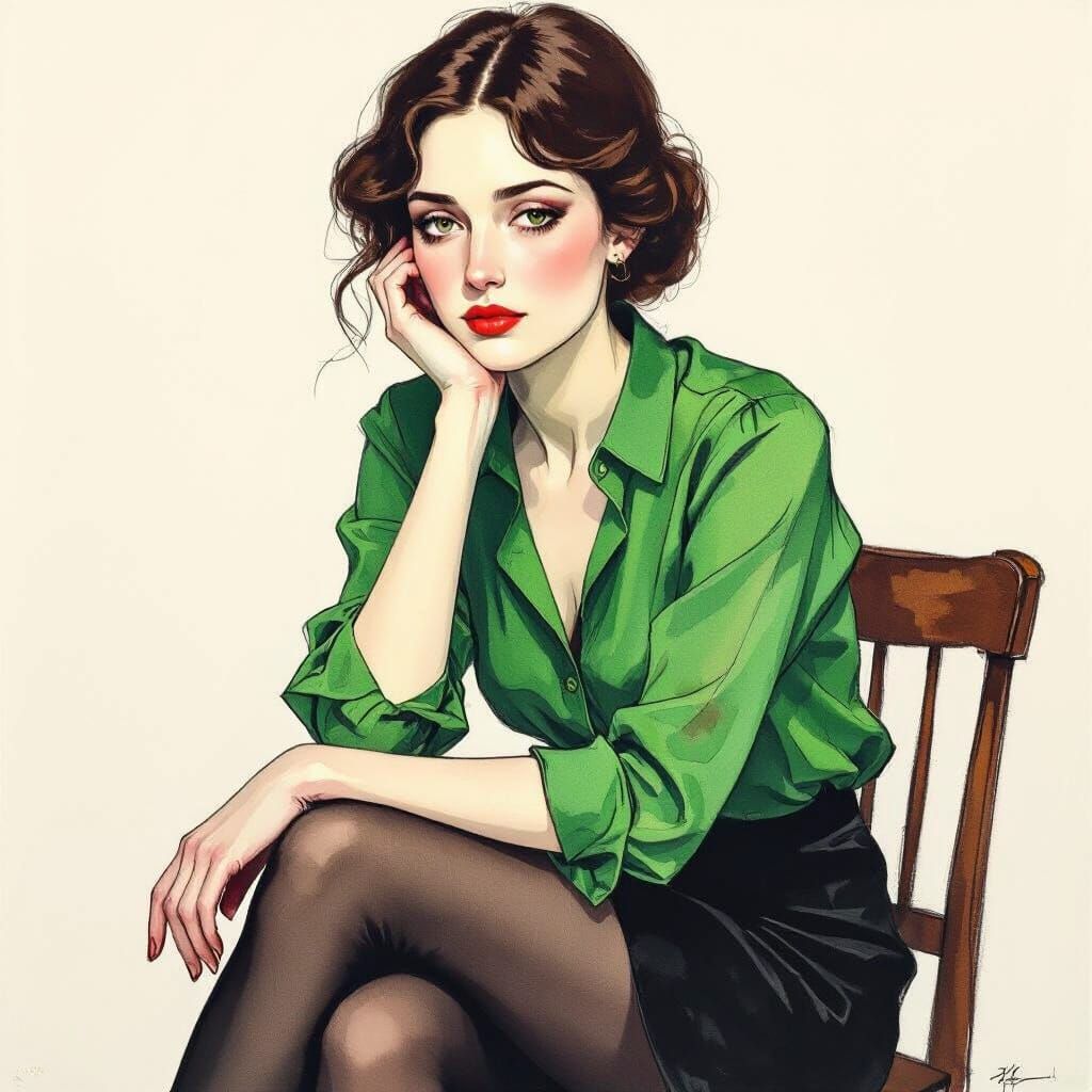 Woman in Green Blouse, Introspective Pose