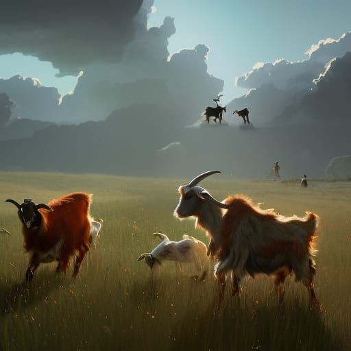 Goats playing in field