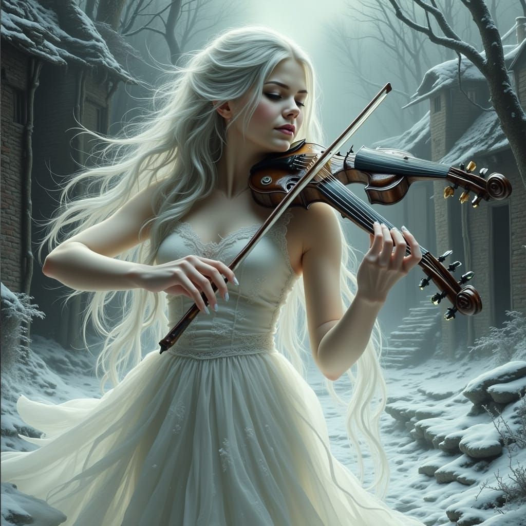 Ethereal Violinist in Snowy Village, Fantasy Realism