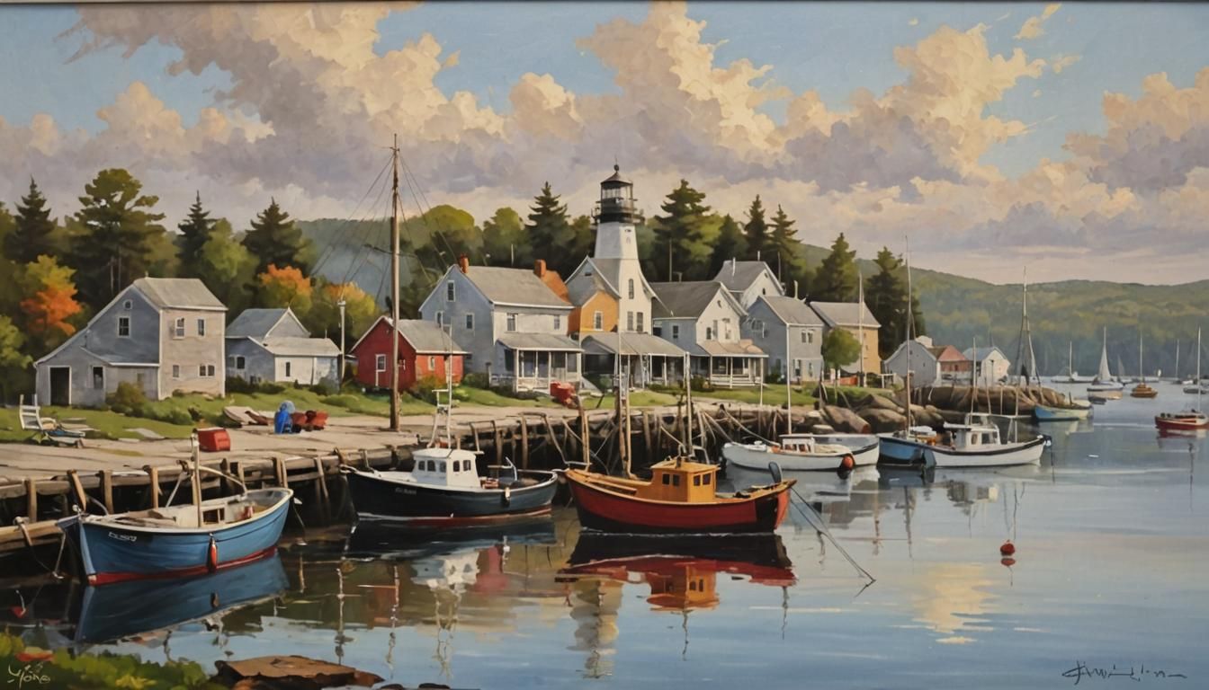 New England Harbor Scene in Impasto Oil Painting