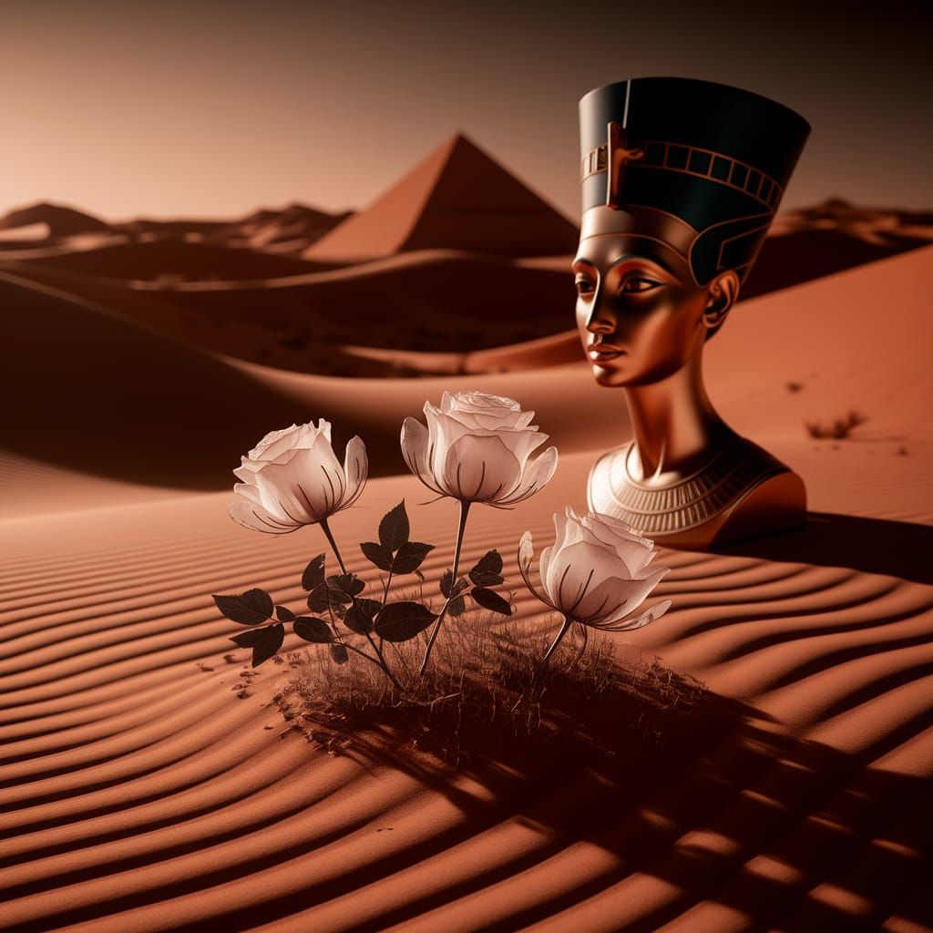 Haunting Egyptian Desert Scene with Nefertiti and Ghostly Ro...