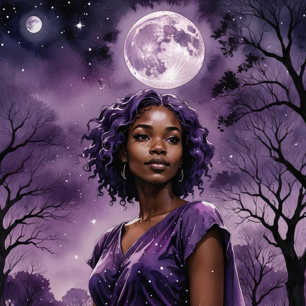 Girl with Purple Hair Under Starry Moonlit Sky