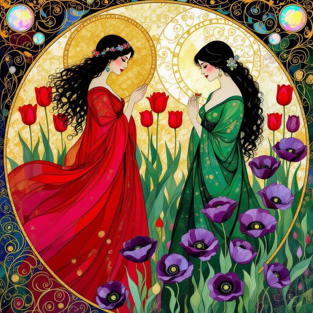 Women, Flowers, and Liquid Opal in Klimt Style