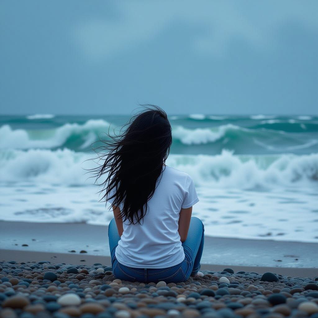 Girl on Stormy Beach in Hyperrealistic Style