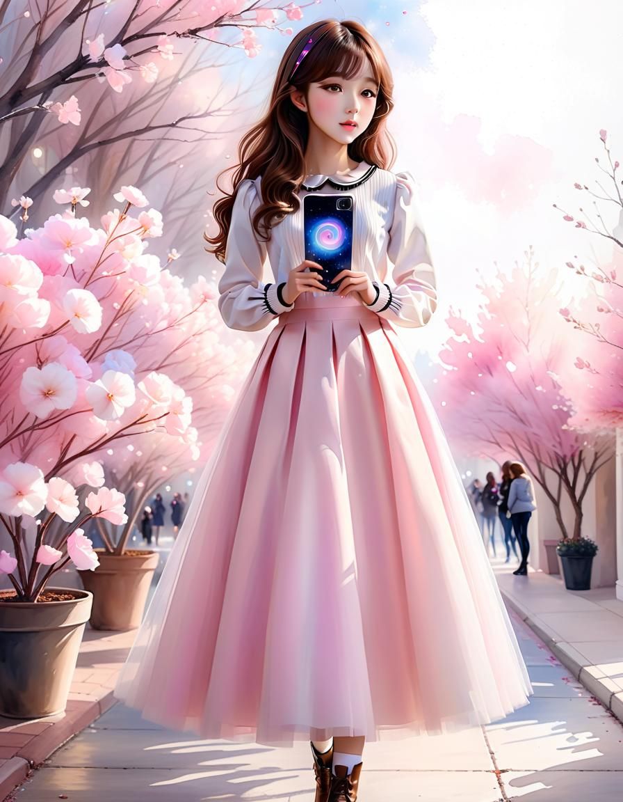 Korean Woman in Pastel Pink: Watercolor Painting