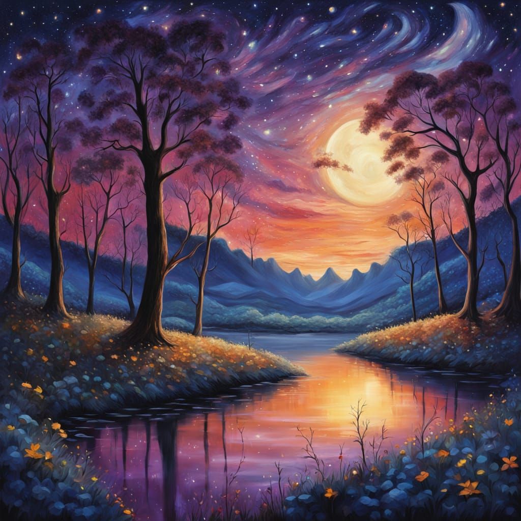 Serene Forest Under a Vibrant Starry Night Sky