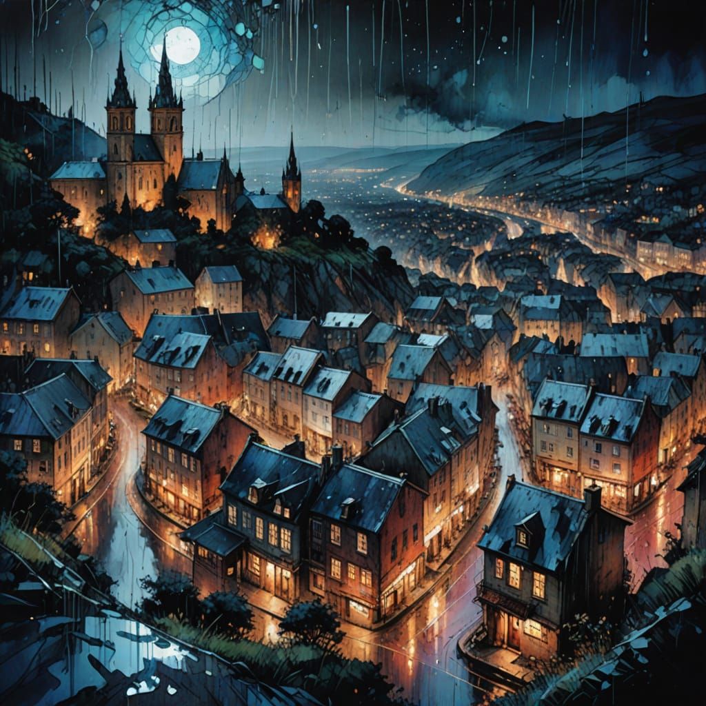 Ancient Hilltop Village at Dusk