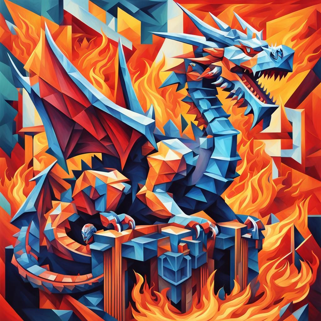 Mechanical Ice Dragon on Throne of Flames: Cubist Art