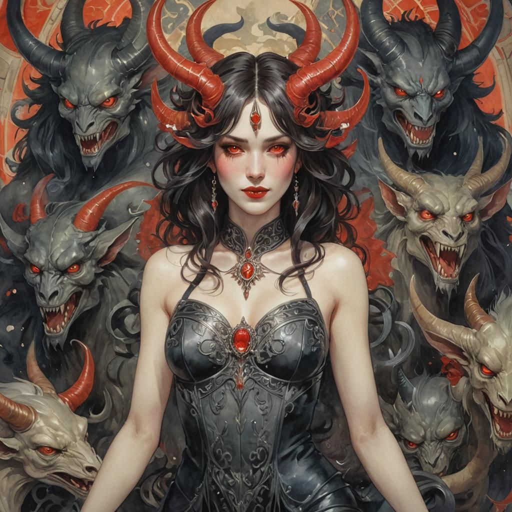 Art Deco Mother of Demons Watercolor Illustration