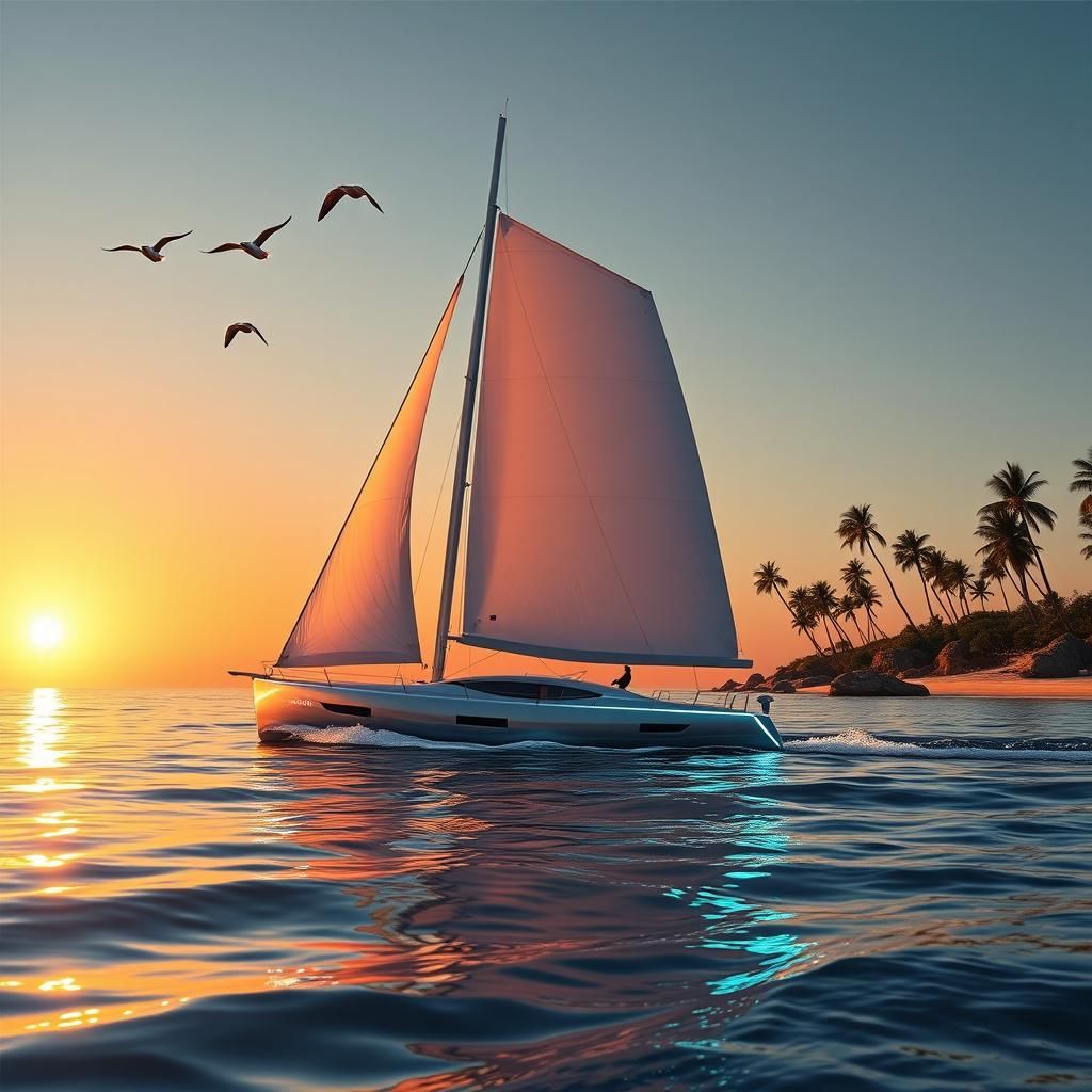 Futuristic Silver Sailboat at Sunset, Inspired by Syd Mead