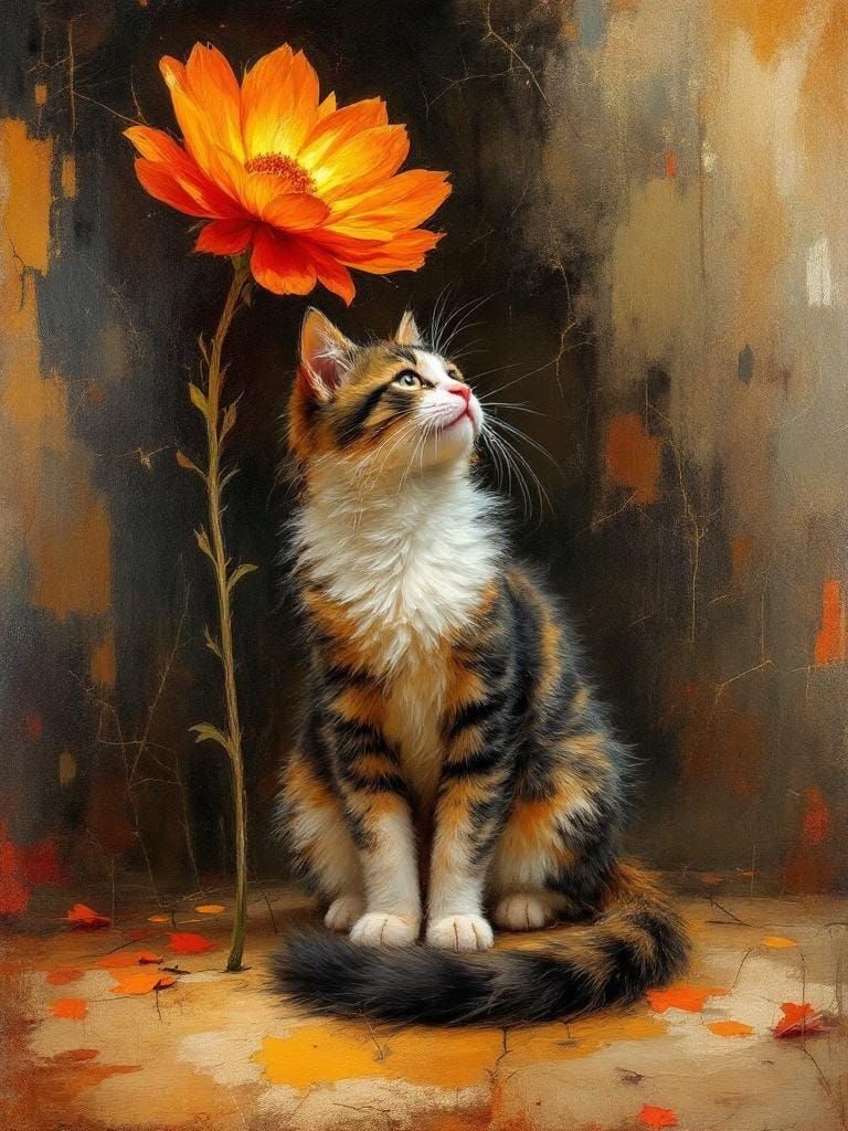 Cat Under Flower in Romantic Golden Age Style