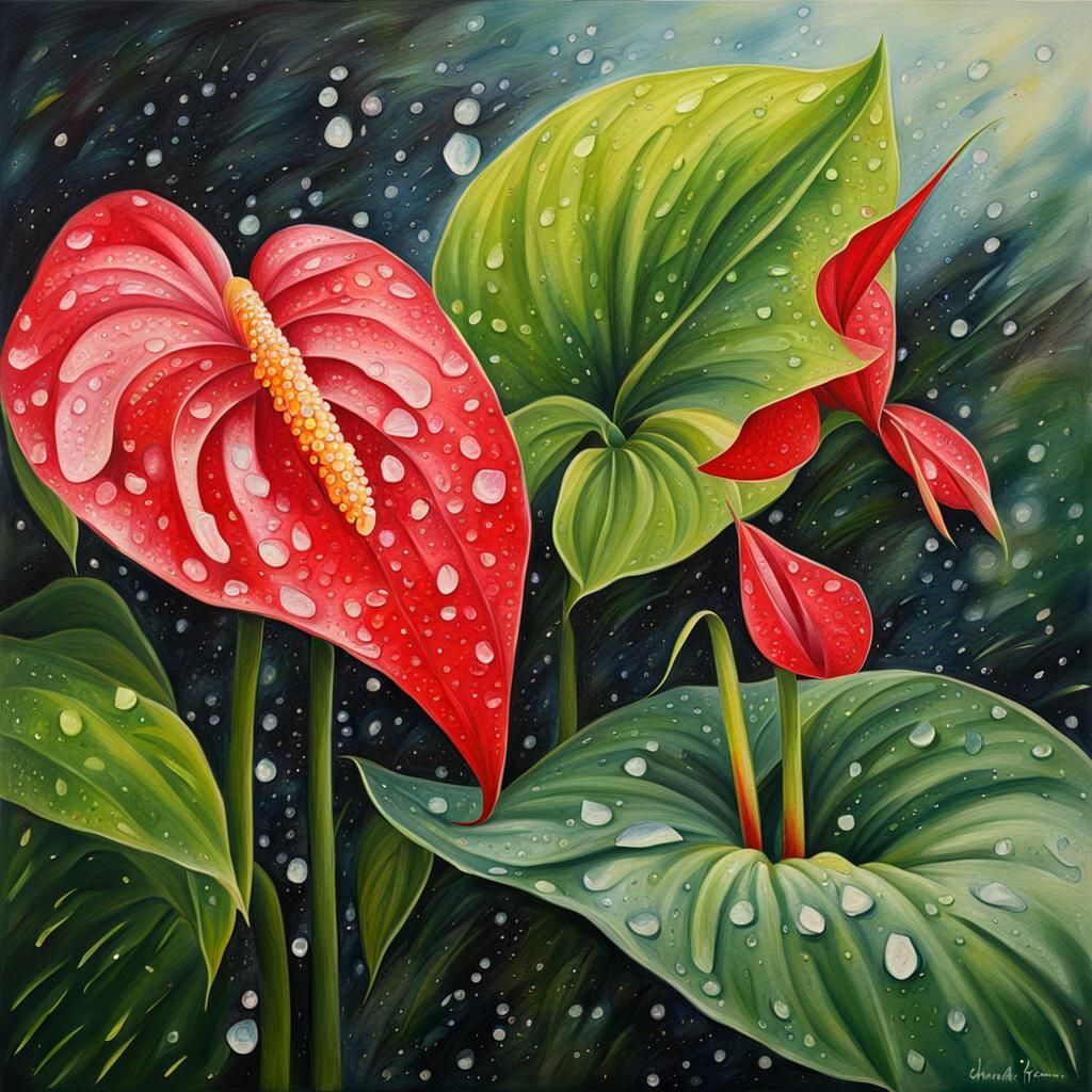 Anthurium Flower painting​​ under the dew