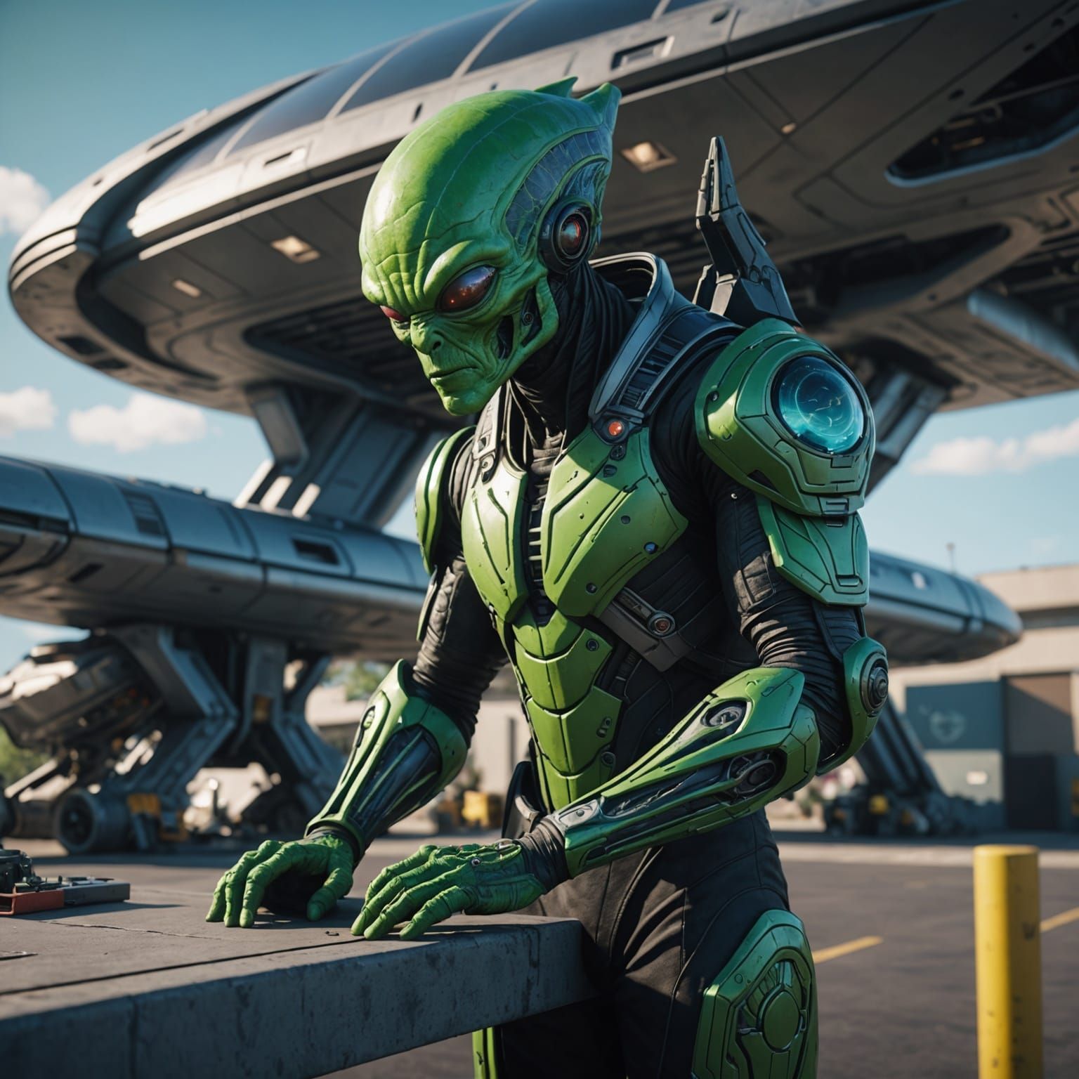 Alien Mechanic Repairs Spaceship: Space Opera Art