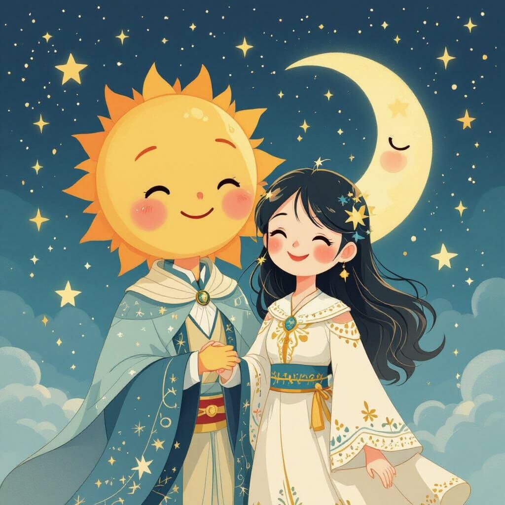 Sun and Moon as Friends in Whimsical Celestial Style