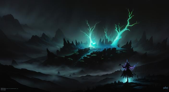 Ethereal Figure in Dark Fantasy Landscape