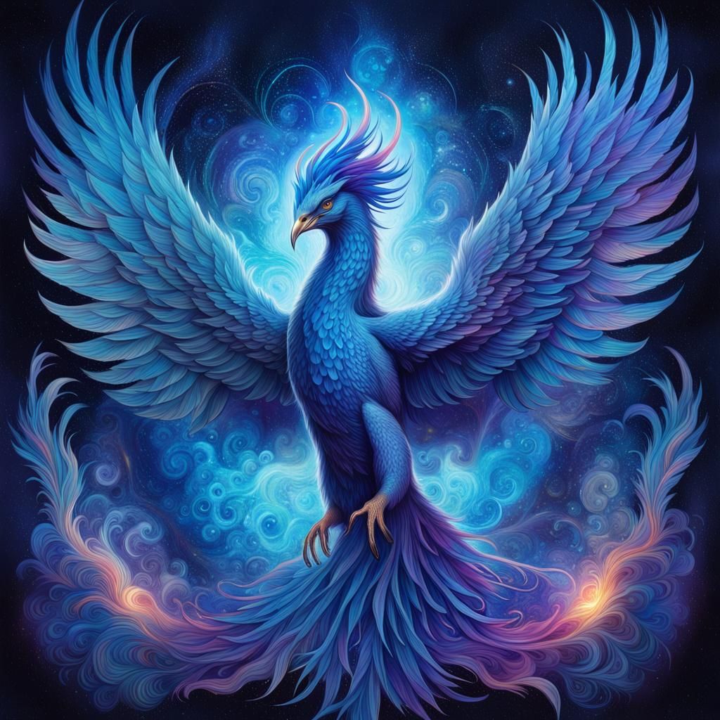 Ethereal Twilight Blue Phoenix in Holographic Illustration