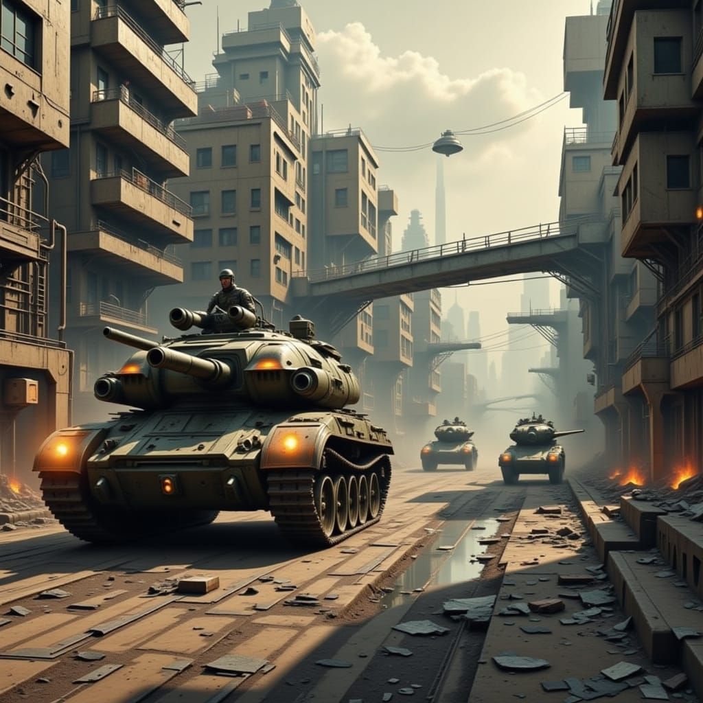 Tanks Patrol Dystopian Cityscape in Mad Max Style