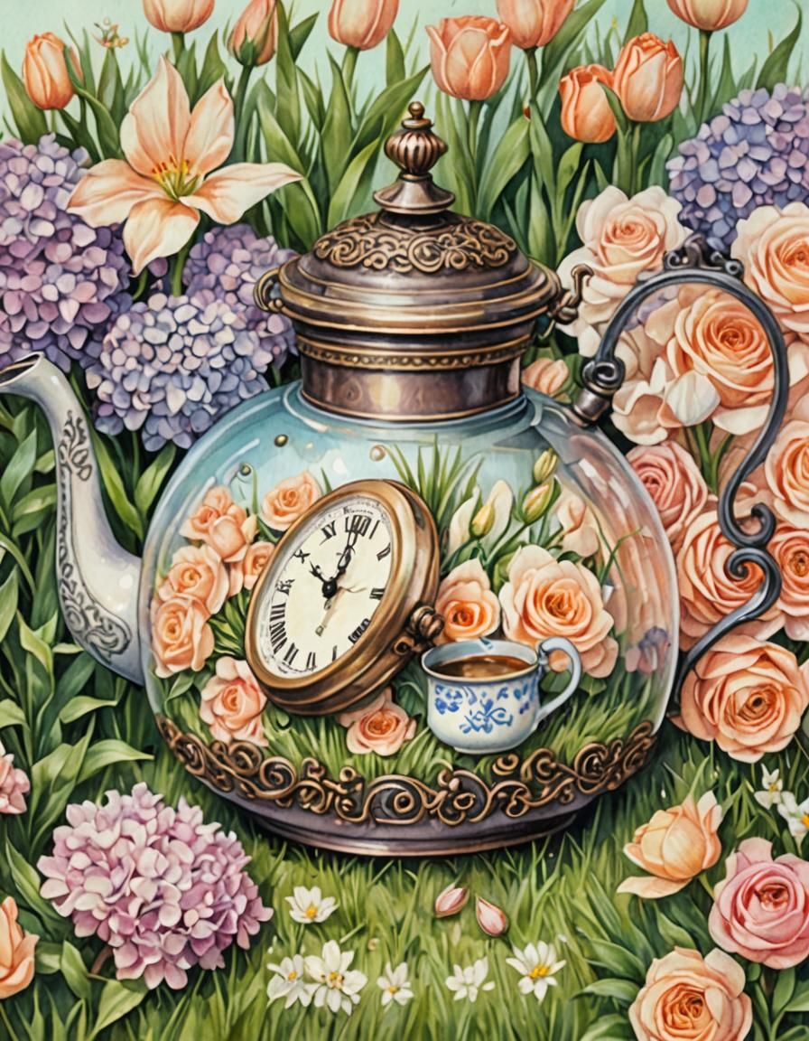 Pocket Watch Among Flowers in Whimsical Watercolor Style