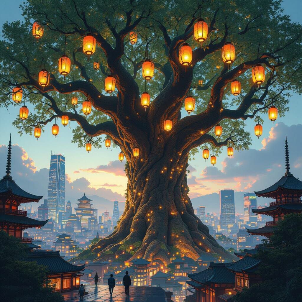 Glowing Lantern Tree in Futuristic Cityscape