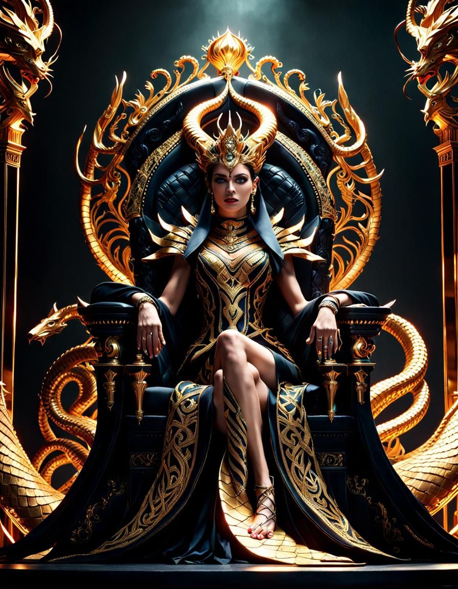 Serpent Queen on Ornate Throne in Hyperrealistic Style