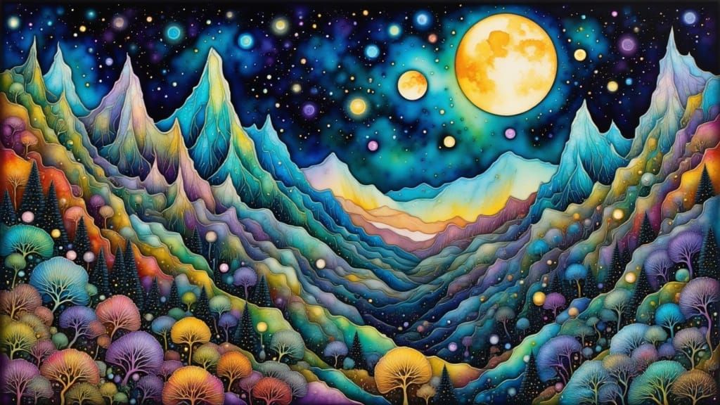 Alcohol Ink 3D Moonlit Mountain Ridge