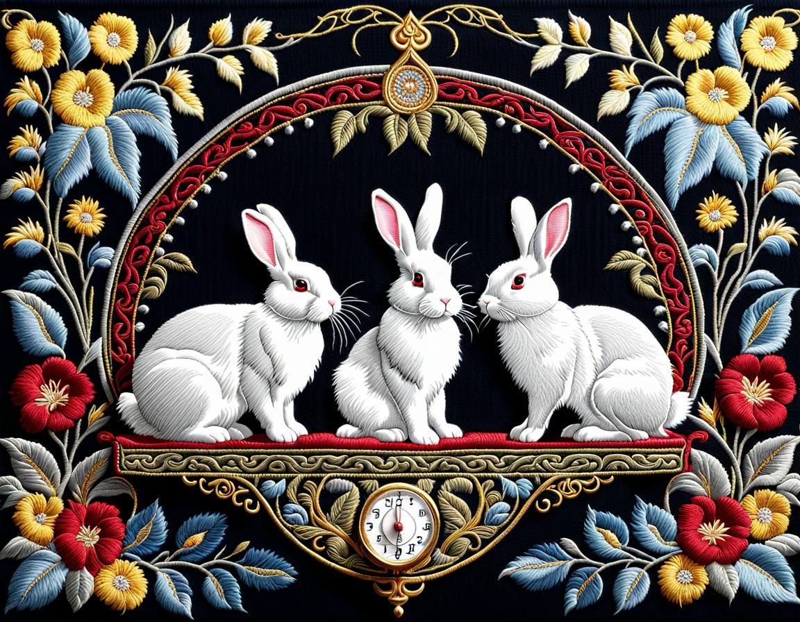 Bunnies Balanced on Tapestry Scales in Art Nouveau Style