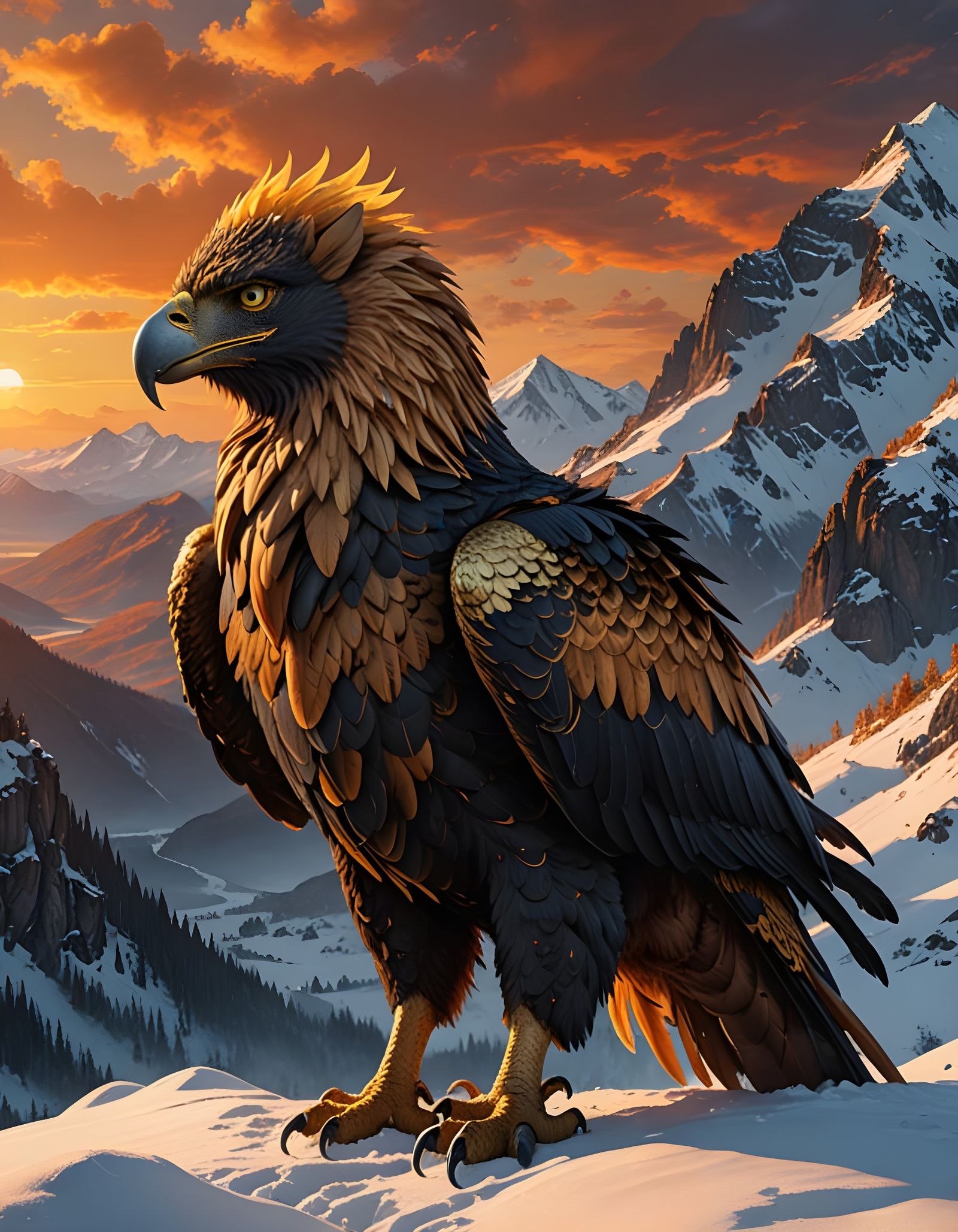 Golden Griffin on Snowy Peak in Hyperrealistic Style