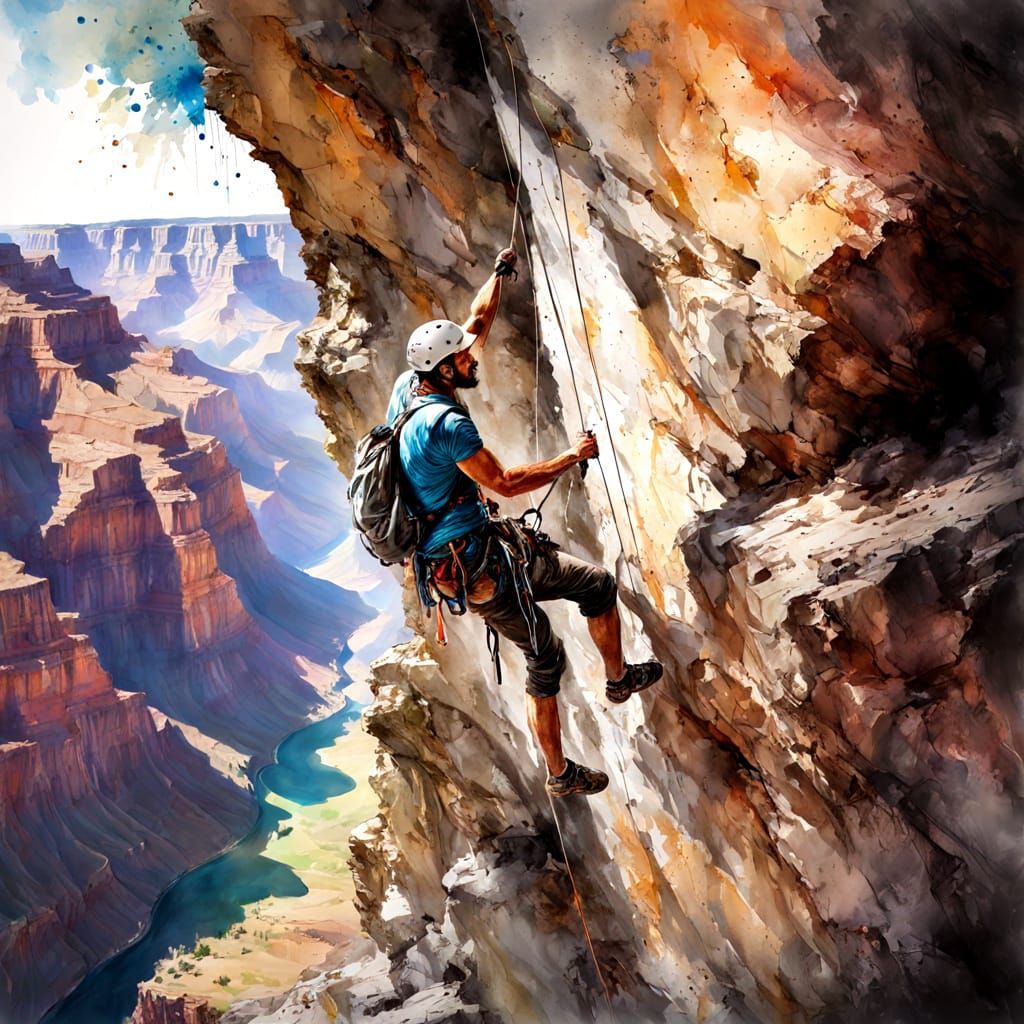 Breathtaking Grand Canyon Climbing Scene in Vibrant Ink Spla...