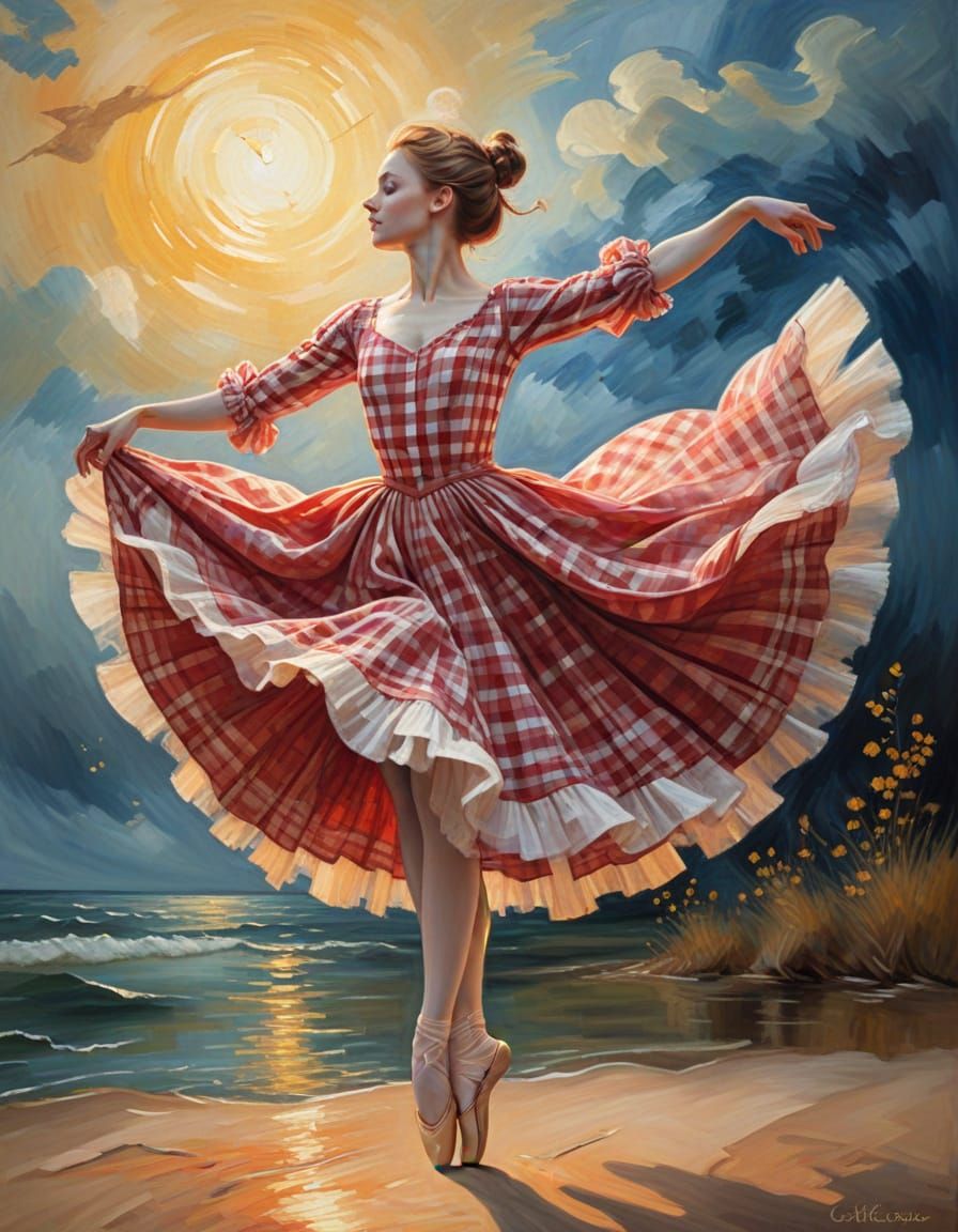 Ethereal Ballerina in Vibrant Gingham Amidst Whirling Colors