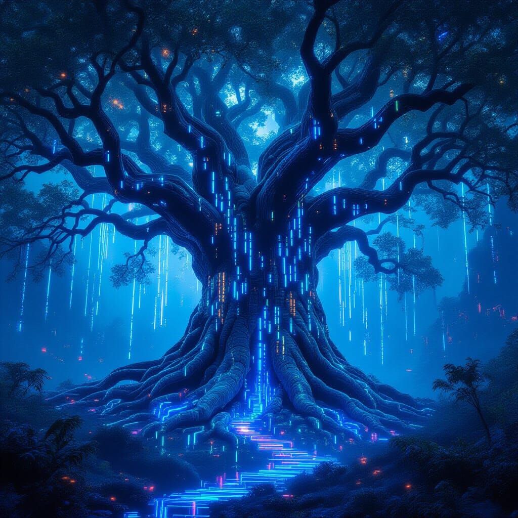 Ancient Binary Tree with Fractal Leaves in Neon Digital Fore...