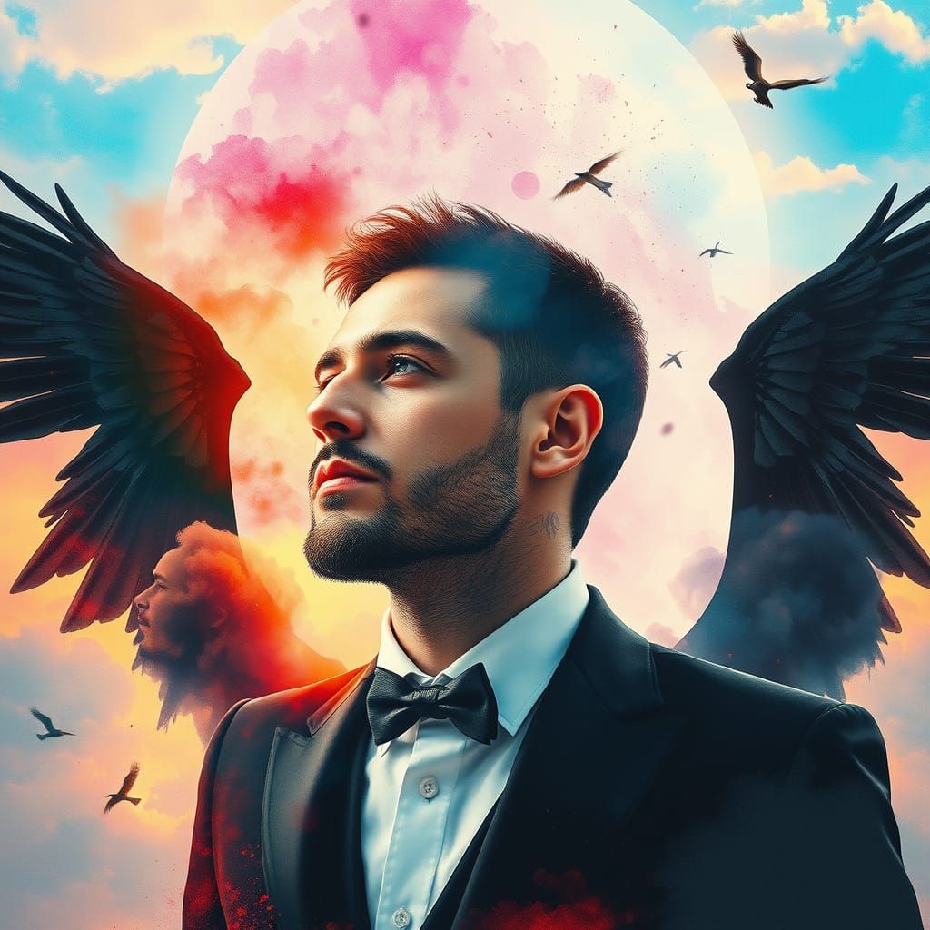 Surreal Man with Wings in Watercolor Style