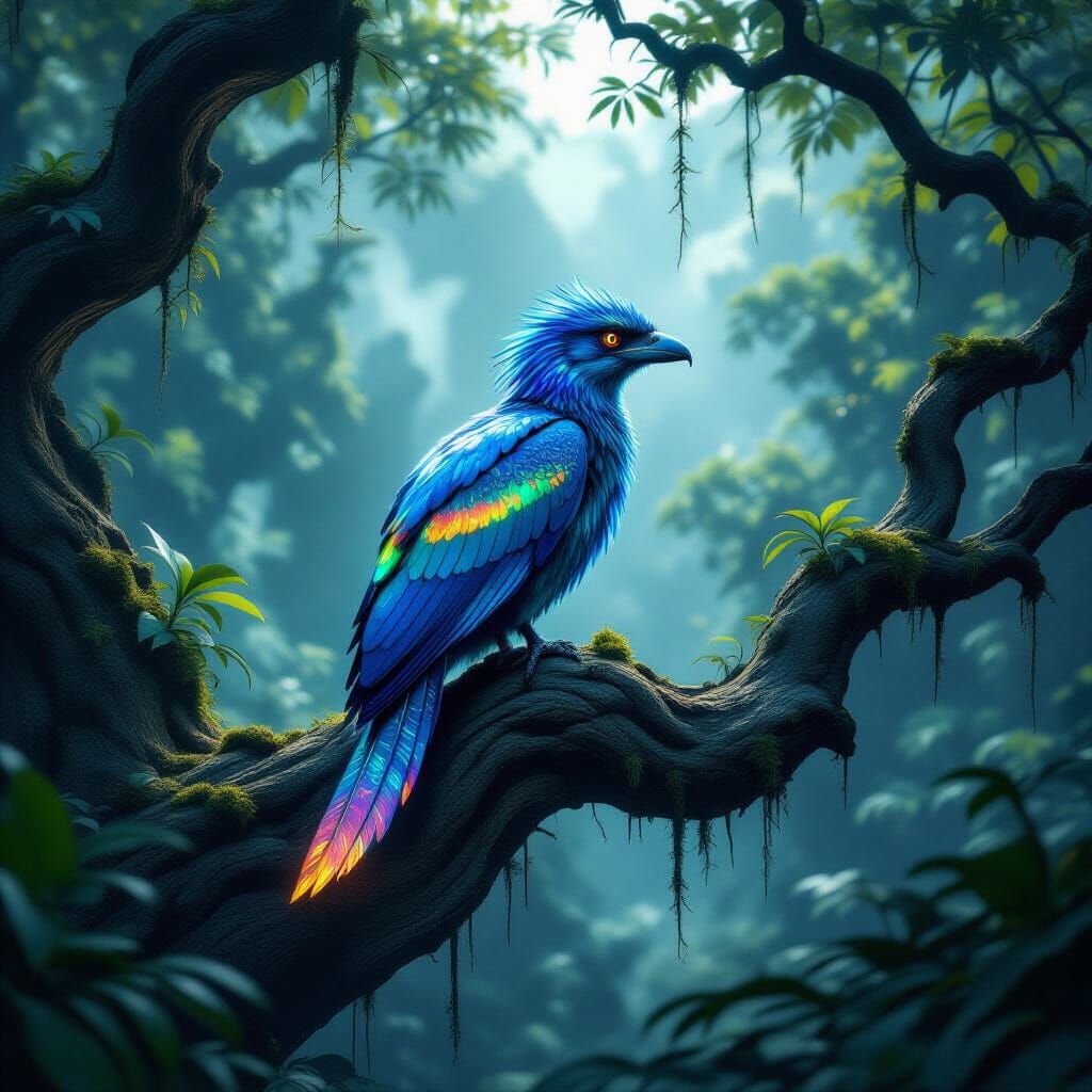 Bioluminescent Archaeopteryx in Misty Jungle Valley