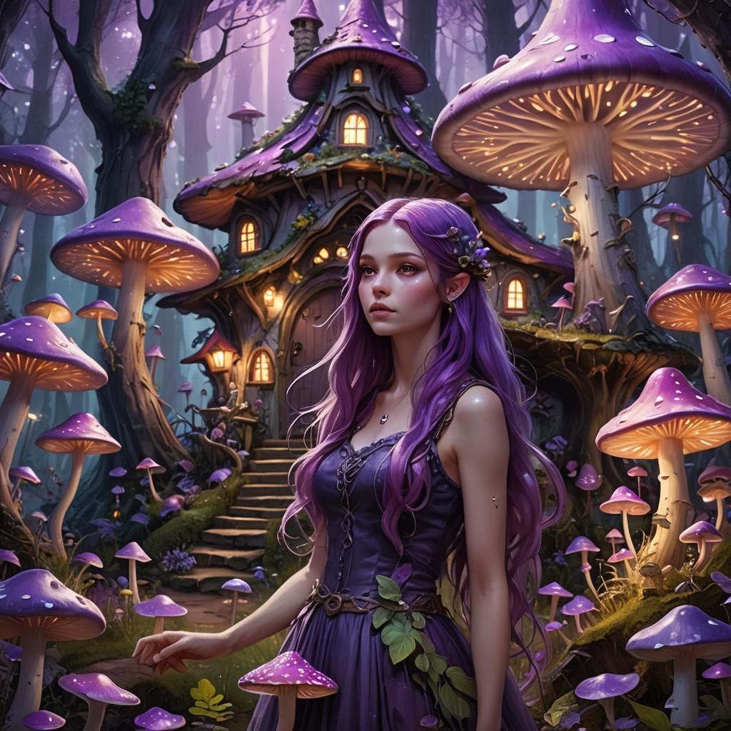 Purple Fairy in Bioluminescent Mushroom Forest