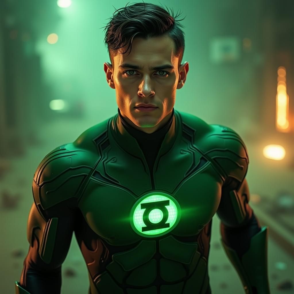 Green Lantern Inspired Hero in Hyper-Realistic Style